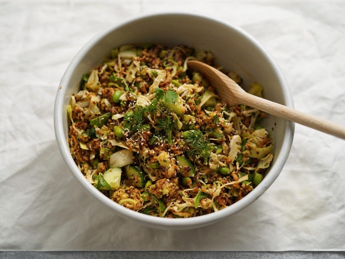 Shredded Tofu "Chicken" Salad with Tahini Dressing