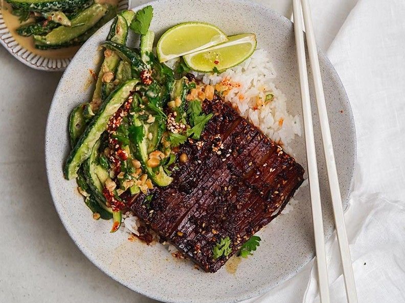 Hasselback Teriyaki Tofu with Cucumber salad