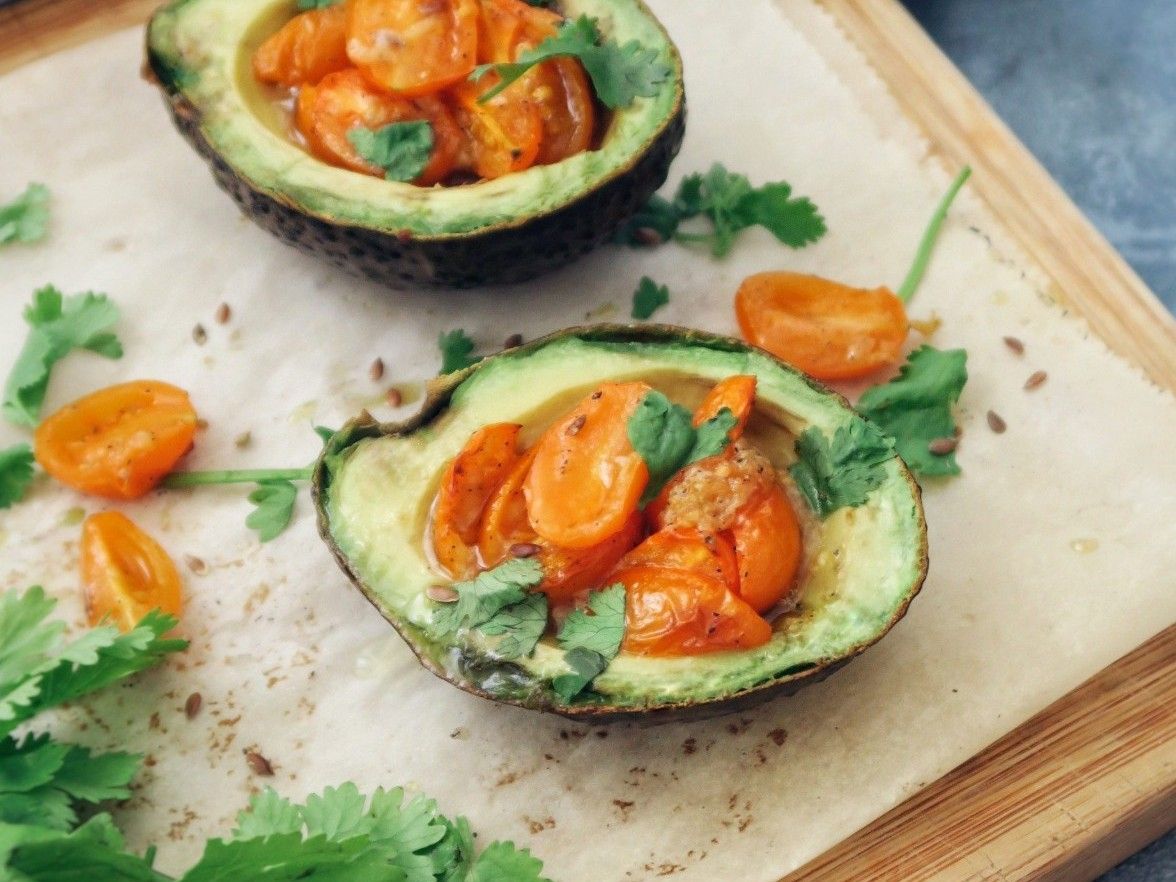 Roasted Avocado with Yellow Cherry Tomatoes