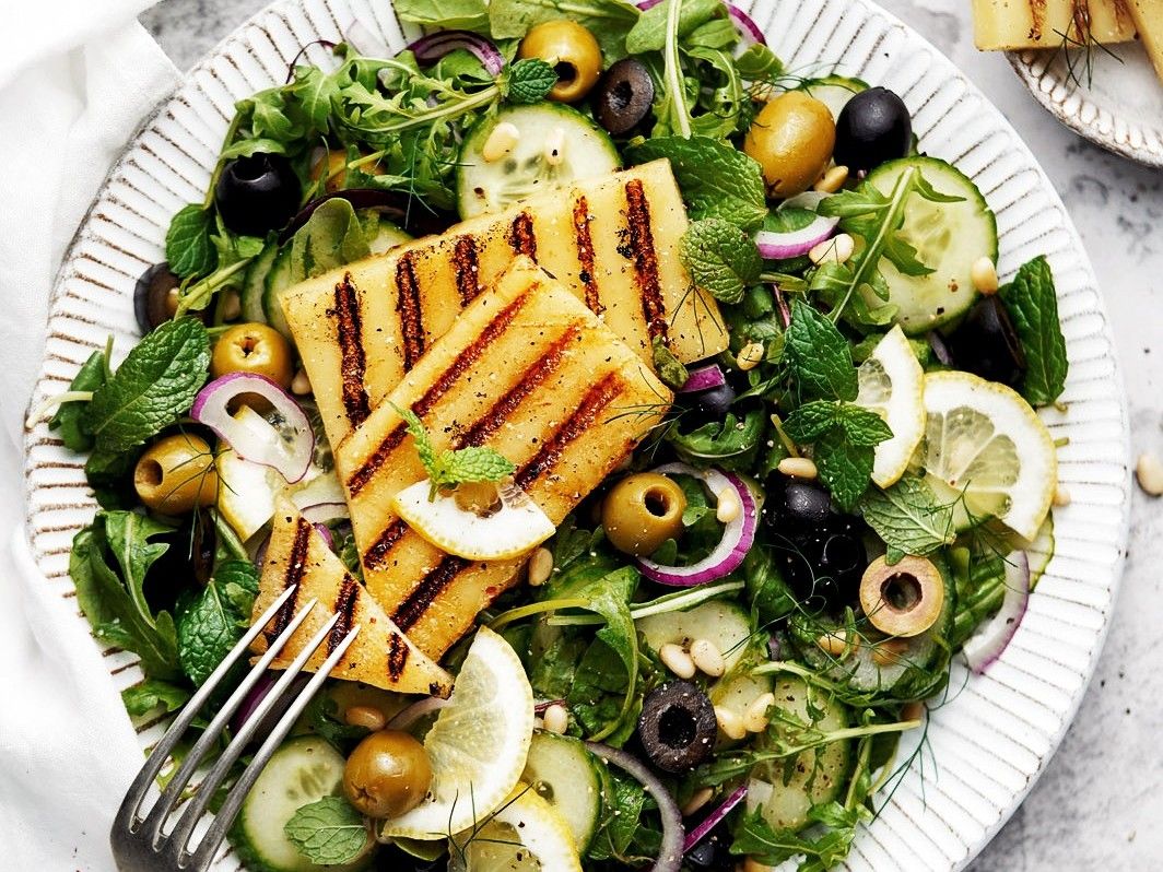 Grilled Vegan Halloumi Salad with Tahini-Honey Dressing