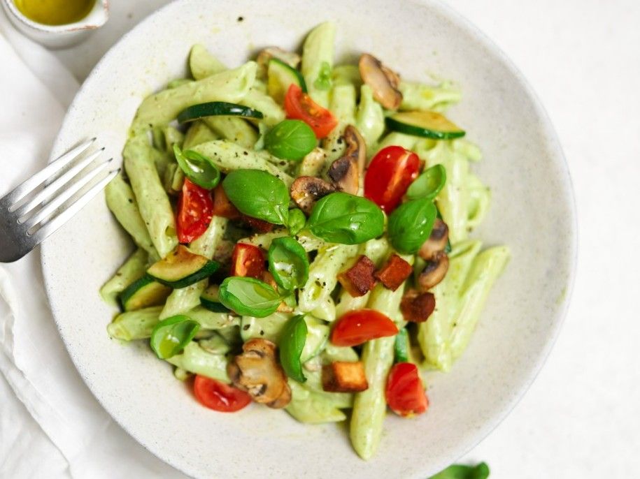 Avocado Basil Pasta with Marinated Tofu