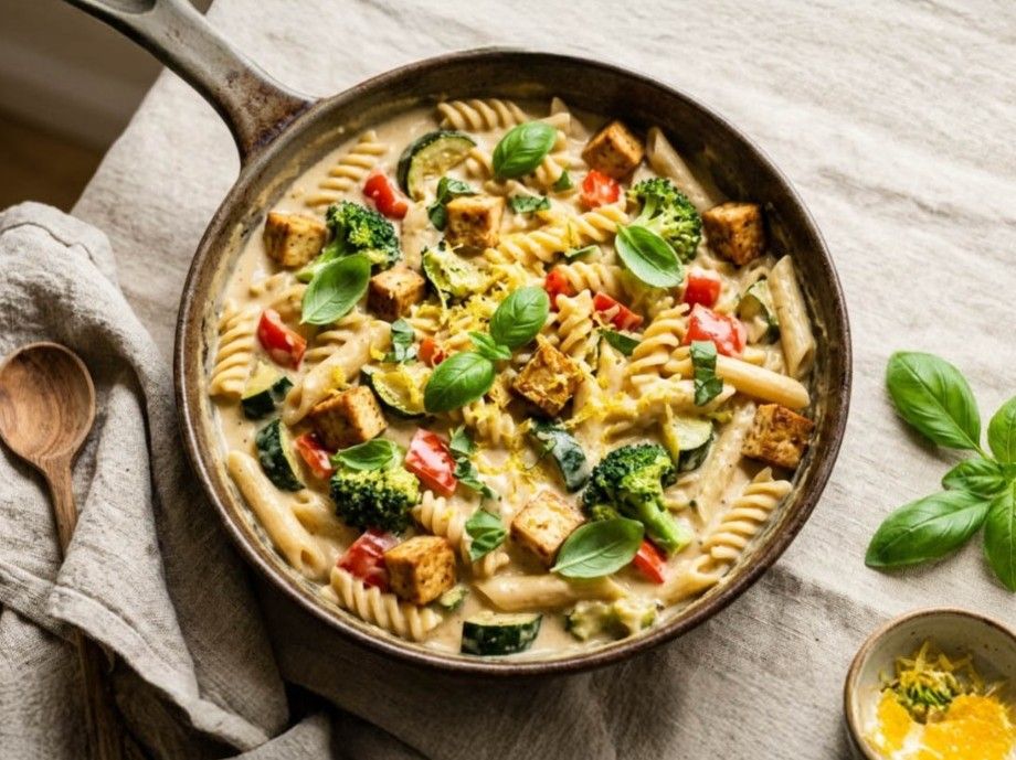 Creamy Hummus Pasta with Crispy Tofu