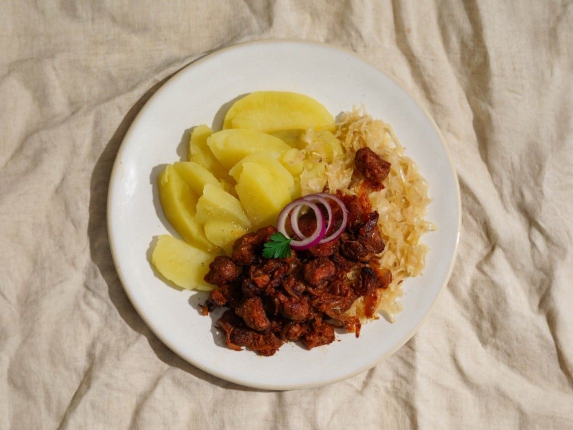 Smoky Soy Roast Bites with Braised Sauerkraut and Potatoes