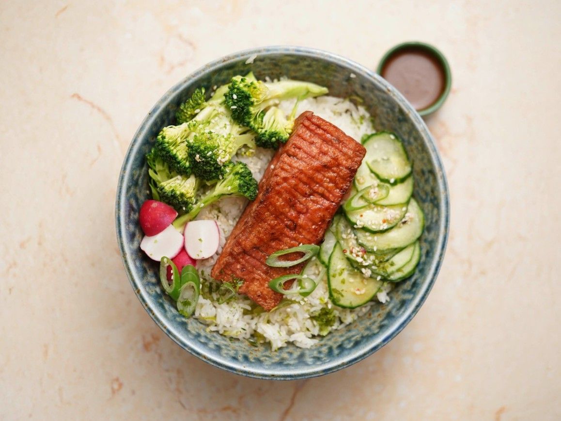 Tofu Salmon with Cucumber Salad and Miso Dressing